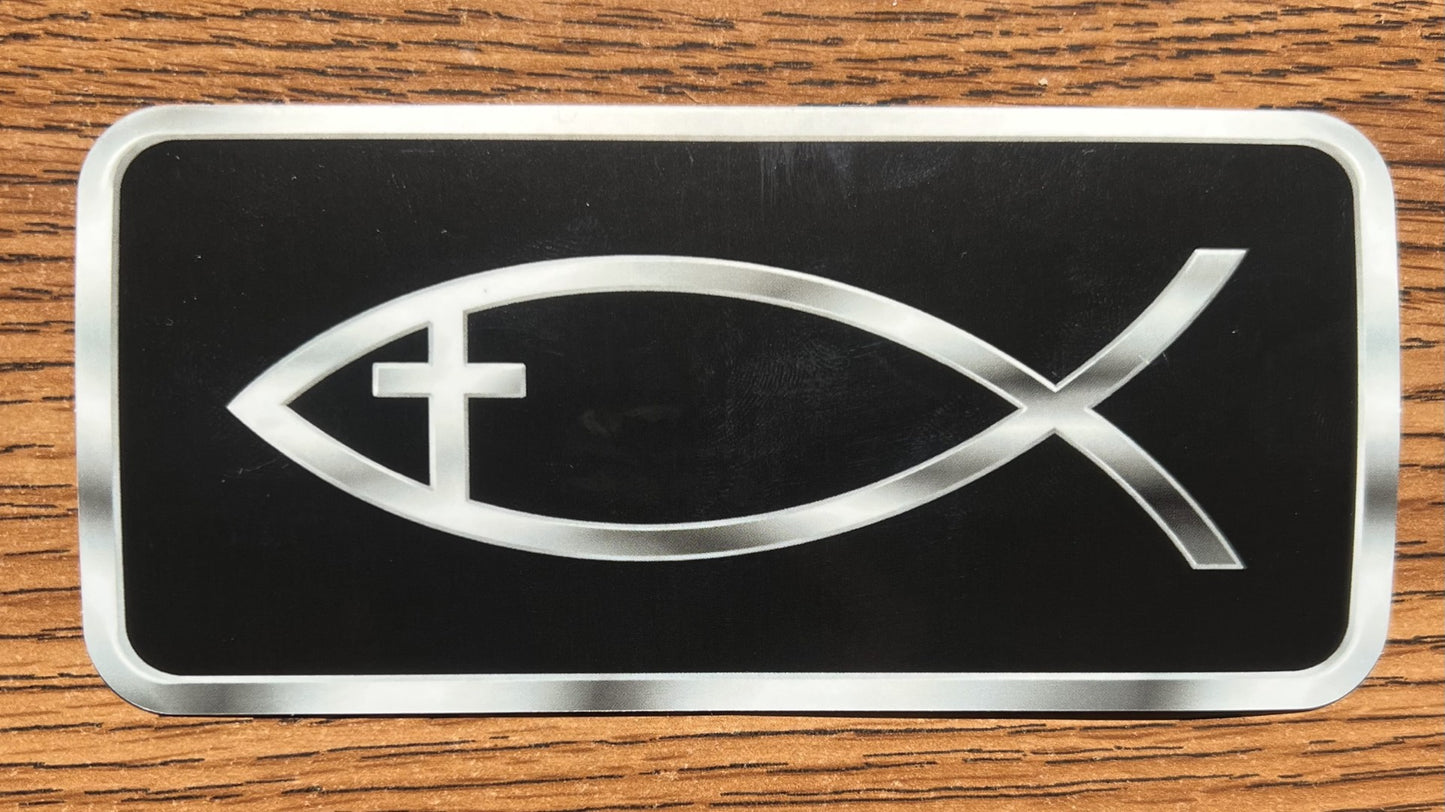 Jesus Chrome-look Cross Eye Fish (Ichthys) Sticker, UV Resistant, 5.5-inch x 2 and 5/8th-inch