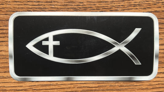 Jesus Chrome-look Cross Eye Fish (Ichthys) Sticker, UV Resistant, 5.5-inch x 2 and 5/8th-inch
